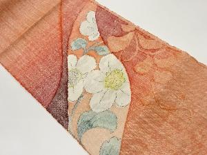 手織り真綿紬曲線に花葉・唐草模様織出し名古屋帯